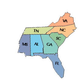 Southeast US coverage map showing VA, NC, SC, GA, FL, AL, MS, TN, IN